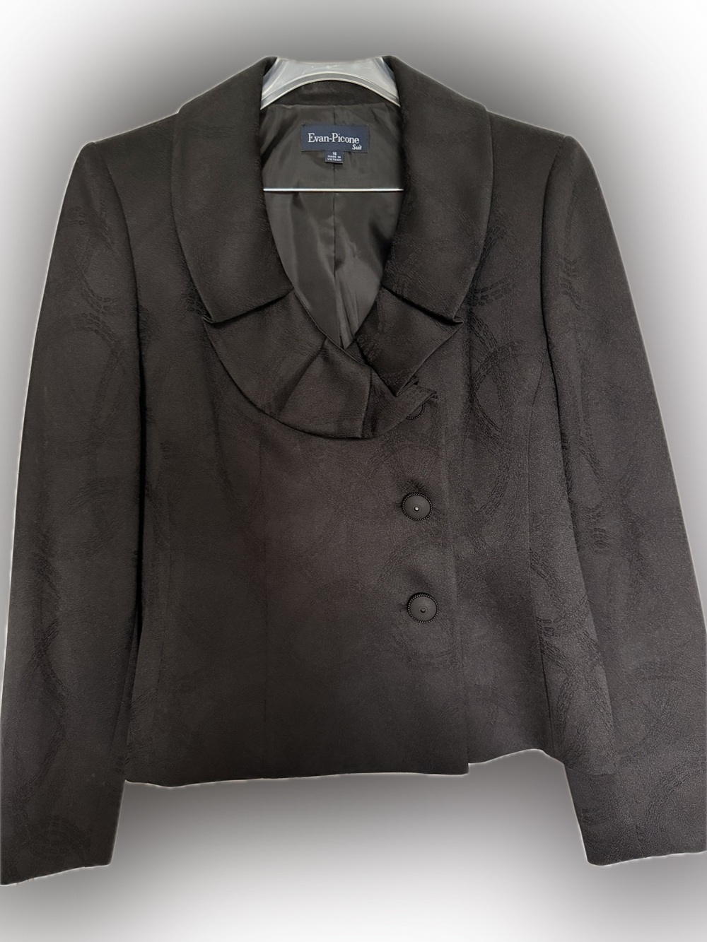 Evan Picone Black Textured Ruffle Collar Women's Jacket and skirt - Picture 1 of 3